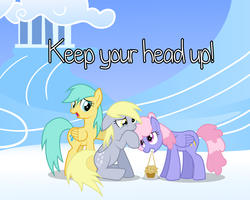 Size: 800x640 | Tagged: safe, artist:tehjadeh, derpy hooves, rainbowshine, sunshower raindrops, pegasus, pony, g4, comforting, female, mare, muffin, trio, trio female