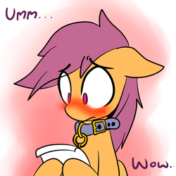 Size: 650x650 | Tagged: safe, artist:serendipity-kitty, scootaloo, pegasus, pony, g4, blushing, collar, female, lesboloo, reaction image, solo