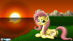 Size: 1920x1080 | Tagged: safe, artist:tsaritsaluna, fluttershy, g4, butt, female, flutterbutt, plot, sunset, wallpaper