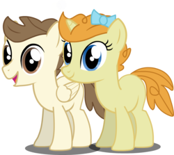 Size: 1024x915 | Tagged: safe, artist:macoron3, pound cake, pumpkin cake, pegasus, pony, unicorn, g4, bow, brother and sister, colt, double rainboom puppet, duo, female, filly, hair bow, male, older, older pound cake, older pumpkin cake, simple background, transparent background