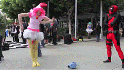 Size: 350x197 | Tagged: dead source, safe, artist:marisuga, pinkie pie, human, g4, 2012, animal costume, animated, chicken pie, chicken suit, clothes, convention, cosplay, costume, dancing, deadpool, fanime 2012, fanimecon, gif, irl, irl human, photo, the robot, youtube link