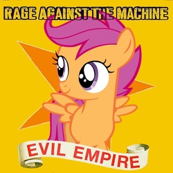 Size: 600x600 | Tagged: safe, scootaloo, g4, album cover, banner, evil empire, orange background, parody, ponified, ponified album cover, rage against the machine, ratm, simple background, stars