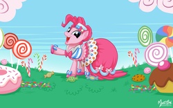 Size: 1920x1200 | Tagged: safe, artist:mysticalpha, pinkie pie, earth pony, pony, g4, candy, candy cane, clothes, cookie, cupcake, donut, dress, food, gala dress, lollipop, wallpaper