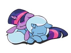 Size: 800x600 | Tagged: safe, artist:mentik, artist:seizureman245, trixie, twilight sparkle, pony, unicorn, g4, cute, daaaaaaaaaaaw, female, floppy ears, lesbian, looking on pony, ship:twixie, shipping, simple background, sleeping, sleeping together, unicorn twilight, white background