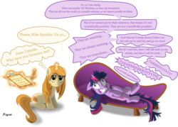 Size: 6352x4546 | Tagged: safe, artist:psyxofthoros, twilight sparkle, oc, oc:psyche, pony, unicorn, g4, absurd resolution, duo, fourth wall, insanity, magic, meta, notepad, quill, simple background, telekinesis, transparent background, twilight snapple