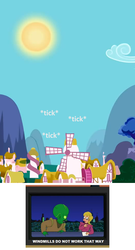 Size: 516x958 | Tagged: safe, edit, edited screencap, screencap, g4, lesson zero, calibri, cropped, futurama, linda, male, meta, morbo, ponyville, windmill, windmills do not work that way