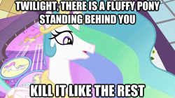 Size: 625x351 | Tagged: safe, edit, edited screencap, screencap, princess celestia, alicorn, fluffy pony, pony, g4, caption, dragon ball, dragonball z abridged, female, image macro, mare, super kami celestia