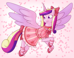 Size: 1514x1195 | Tagged: safe, artist:redintravenous, princess cadance, alicorn, pony, g4, bow, clothes, collar, colored wings, colored wingtips, dress, female, hair bow, hoof shoes, looking back, mare, solo, tail bow