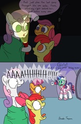 Size: 591x900 | Tagged: safe, artist:sketchinetch, apple bloom, rarity, scootaloo, sweetie belle, g4, bathrobe, clothes, comic, cutie mark crusaders, hair curlers, mud mask, screaming, sleepover, slippers