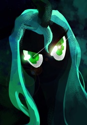 Size: 1036x1496 | Tagged: safe, artist:electrixocket, queen chrysalis, changeling, changeling queen, g4, bust, female, glowing eyes, looking at you, silhouette, solo