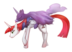 Size: 2306x1668 | Tagged: safe, artist:electrixocket, princess luna, oc, oc:fausticorn, g4, batman, costume, lauren faust, ponies riding ponies, riding, simple background, tongue out