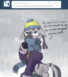 Size: 648x737 | Tagged: safe, artist:halley-valentine, zecora, pony, zebra, ask zecora, g4, ask, clothes, female, hat, scarf, snow, snowfall, solo, tumblr