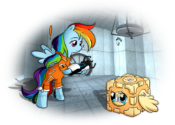 Size: 1049x750 | Tagged: safe, artist:secret-pony, fluttershy, rainbow dash, g4, chell, companion cube, crossover, fluttercube, parody, portal (valve), the implications are horrible, what has science done