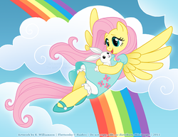 Size: 800x619 | Tagged: safe, artist:patchwerk-kw, angel bunny, fluttershy, bloomers, clothes, cloud, cloudy, dress, flying, happy, mary janes, rainbow