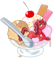 Size: 990x1048 | Tagged: safe, artist:redintravenous, oc, oc only, oc:red ribbon, pony, unicorn, female, food, ice cream, mare, micro