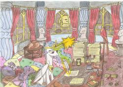 Size: 2336x1664 | Tagged: safe, artist:stardustchild01, princess celestia, g4, night, quill, traditional art