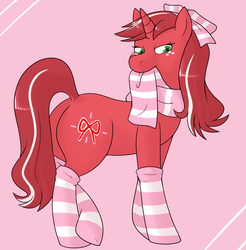 Size: 1006x1022 | Tagged: safe, artist:redintravenous, oc, oc only, oc:red ribbon, pony, unicorn, butt, clothes, female, looking at you, mare, plot, scarf, socks, striped socks