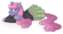 Size: 1276x699 | Tagged: safe, artist:redintravenous, oc, oc only, oc:velvet, pony, unicorn, clothes, female, mare, skirt