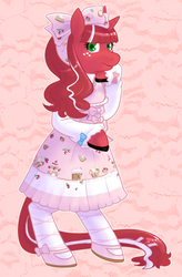 Size: 529x806 | Tagged: safe, artist:redintravenous, oc, oc only, oc:red ribbon, pony, unicorn, ask red ribbon, bipedal, clothes, dress, female, mare, solo