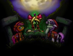 Size: 3299x2549 | Tagged: safe, artist:cazra, apple bloom, scootaloo, smarty pants, sweetie belle, g4, cult, cultist, cutie mark crusaders, high res, moon, ritual, sacrifice, scared