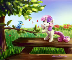 Size: 1500x1246 | Tagged: safe, artist:incinerater, sweetie belle, bird, pony, unicorn, g4, bipedal, cute, diasweetes, eyes closed, featured image, female, music notes, open mouth, singing, smiling, solo, table, tree