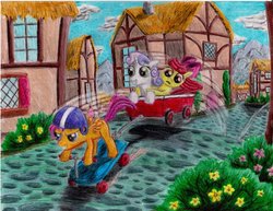 Size: 900x693 | Tagged: safe, artist:sean7700, apple bloom, scootaloo, sweetie belle, g4, cutie mark crusaders, scooter