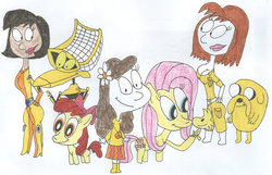 Size: 900x581 | Tagged: safe, artist:sithvampiremaster27, apple bloom, fluttershy, g4, adventure time, alex (totally spies), april o'neil, crossover, crow t robot, jake the dog, jenny brown, male, mystery science theater 3000, peanuts, phineas and ferb, teenage mutant ninja turtles, totally spies, woodstock (peanuts)