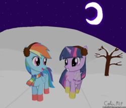 Size: 1200x1038 | Tagged: safe, artist:colinmlp, rainbow dash, twilight sparkle, g4, clothes, earmuffs, female, lesbian, moon, scarf, ship:twidash, shipping, shoes, smiling, snow, stars