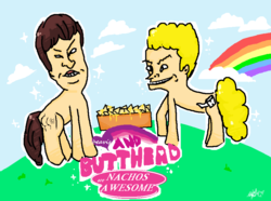 Size: 886x659 | Tagged: safe, artist:littlelenore, earth pony, original species, pony, human head pony, beavis, beavis and butthead, butthead, cheese, chips, duo, duo male, food, male, nachos, ponified, rainbow