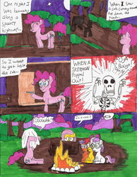 Size: 1700x2188 | Tagged: safe, artist:daniel-sg, artist:i-need-a-medic, apple bloom, fluttershy, pinkie pie, scootaloo, sweetie belle, earth pony, pony, unicorn, g4, bone, campfire, comic, cutie mark crusaders, female, filly, fire, foal, ghost story, mare, sitting, skeleton