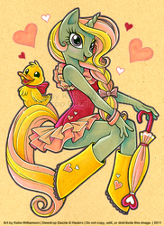 Size: 550x755 | Tagged: dead source, safe, artist:patchwerk-kw, dewdrop dazzle, duck, unicorn, anthro, unguligrade anthro, g4, 2011, bow, bracelet, braid, clothes, dress, eyeshadow, hair bow, heart, jewelry, makeup, neck bow, open mouth, open smile, simple background, smiling, solo, umbrella, watermark, yellow background