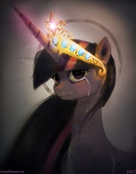Size: 1800x2304 | Tagged: safe, artist:tarantad0, twilight sparkle, alicorn, pony, g4, big crown thingy, bust, crown, crying, element of magic, female, halo, lens flare, looking at you, profile, solo, tiara, twilight sparkle (alicorn)