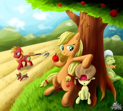 Size: 1223x1102 | Tagged: safe, artist:otlstory, apple bloom, applejack, big macintosh, granny smith, winona, earth pony, pony, g4, apple family, male, stallion