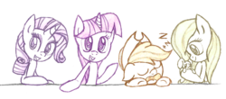 Size: 1831x803 | Tagged: safe, artist:boulderthedragon, angel bunny, applejack, fluttershy, rarity, twilight sparkle, g4, monochrome, open mouth, sleeping, zzz