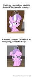 Size: 661x1404 | Tagged: safe, diamond tiara, earth pony, pony, g4, my little pony: friendship is magic, ponyville confidential, female, filly, meta, sad, simple background, text, white background