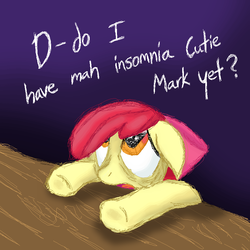 Size: 900x900 | Tagged: safe, artist:mj-mysteriousjeff, apple bloom, earth pony, pony, g4, cute, female, insomnia, simple background, solo, text, tired