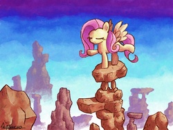 Size: 1024x768 | Tagged: safe, artist:gachucho, fluttershy, pegasus, pony, g4, balancing, cairn, rock