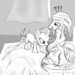 Size: 1000x1000 | Tagged: safe, artist:mlpanon, cookie crumbles, hondo flanks, rarity, g4, bed, bedazzled, cute, filly, hat, monochrome, nightcap, prank, ship:cookieflanks, sleeping, younger