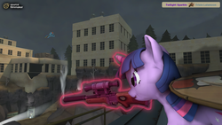 Size: 2880x1620 | Tagged: safe, artist:chaotrix, derpy hooves, rainbow dash, twilight sparkle, pegasus, pony, unicorn, g4, 3d, female, flying, glowing horn, gun, hooves, horn, levitation, magic, mare, optical sight, rifle, ruins, sniper rifle, source filmmaker, spread wings, team fortress 2, telekinesis, weapon, wings