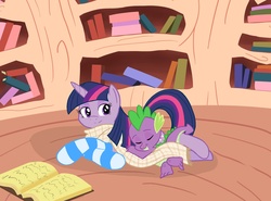 Size: 2074x1533 | Tagged: safe, artist:slipsketch, spike, twilight sparkle, g4, blanket, book, clothes, mama twilight, sleeping, snuggling, socks