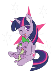 Size: 550x750 | Tagged: safe, artist:assechan, spike, twilight sparkle, pony, unicorn, g4, cute, cutie mark background, duo, hug, mama twilight, open mouth, simple background, spikabetes, transparent background, twiabetes, unicorn twilight, wink