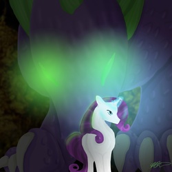 Size: 4000x4000 | Tagged: safe, artist:dracowolf0-0, rarity, spike, dragon, pony, unicorn, g4, glowing, glowing eyes, glowing horn, horn