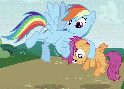 Size: 904x649 | Tagged: safe, screencap, mare do well, rainbow dash, scootaloo, pegasus, pony, g4, season 2, the mysterious mare do well, :o, animated, blank flank, derp, duo, female, filly, flapping, flapping wings, floppy ears, flying, foal, gif, head pat, holding a pony, mare, noogie, open mouth, pat, petting, scootalove, spread wings, wings