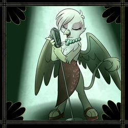 Size: 1500x1500 | Tagged: safe, artist:madmax, oc, oc only, oc:paharita, griffon, fallout equestria, fallout equestria: anywhere but here, clothes, dress, fanfic, singing, solo