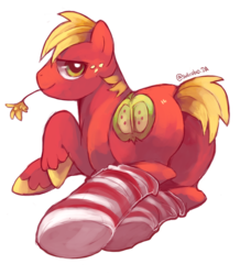 Size: 1224x1401 | Tagged: safe, artist:suikuzu, big macintosh, earth pony, pony, g4, big backintosh, butt, clothes, hooves, looking at you, looking back, looking back at you, male, plot, signature, simple background, socks, solo, stallion, striped socks, transparent background, underhoof