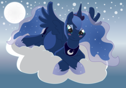 Size: 15000x10528 | Tagged: safe, artist:xniclord789x, princess luna, alicorn, pony, g4, absurd resolution, blushing, cloud, female, full moon, hooves, horn, jewelry, looking at you, lying on a cloud, mare, moon, night, night sky, on a cloud, pregluna, pregnant, regalia, sky, smiling, solo, spread wings, tiara, wings