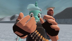 Size: 1366x768 | Tagged: safe, lyra heartstrings, anthro, plantigrade anthro, g4, 3d, crossover, gmod, grin, heavy weapons guy, smiling, team fortress 2, wat
