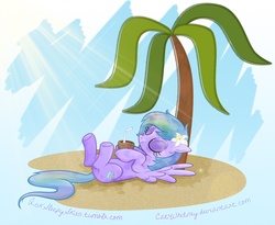 Size: 990x811 | Tagged: dead source, safe, artist:catwhitney, oc, oc only, oc:sleepy skies, pegasus, pony, coconut cup, crepuscular rays, drink, flower, flower in hair, on back, palm tree, solo, tree