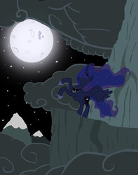 Size: 806x1024 | Tagged: safe, artist:kinrah, princess luna, pony, g4, cloud, cloudy, female, moon, mountain, night, rearing, solo