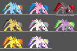 Size: 569x378 | Tagged: safe, blossomforth, daring do, firefly, holly dash, rainbow dash, spike, spitfire, fighting is magic, g1, g4, alternate clothes, ember's worst nightmare, g1 to g4, generation leap, palette swap, wip